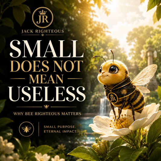 Toy bee on a flower with text about 'Small Does Not Mean Useless' by Jack Righteous.