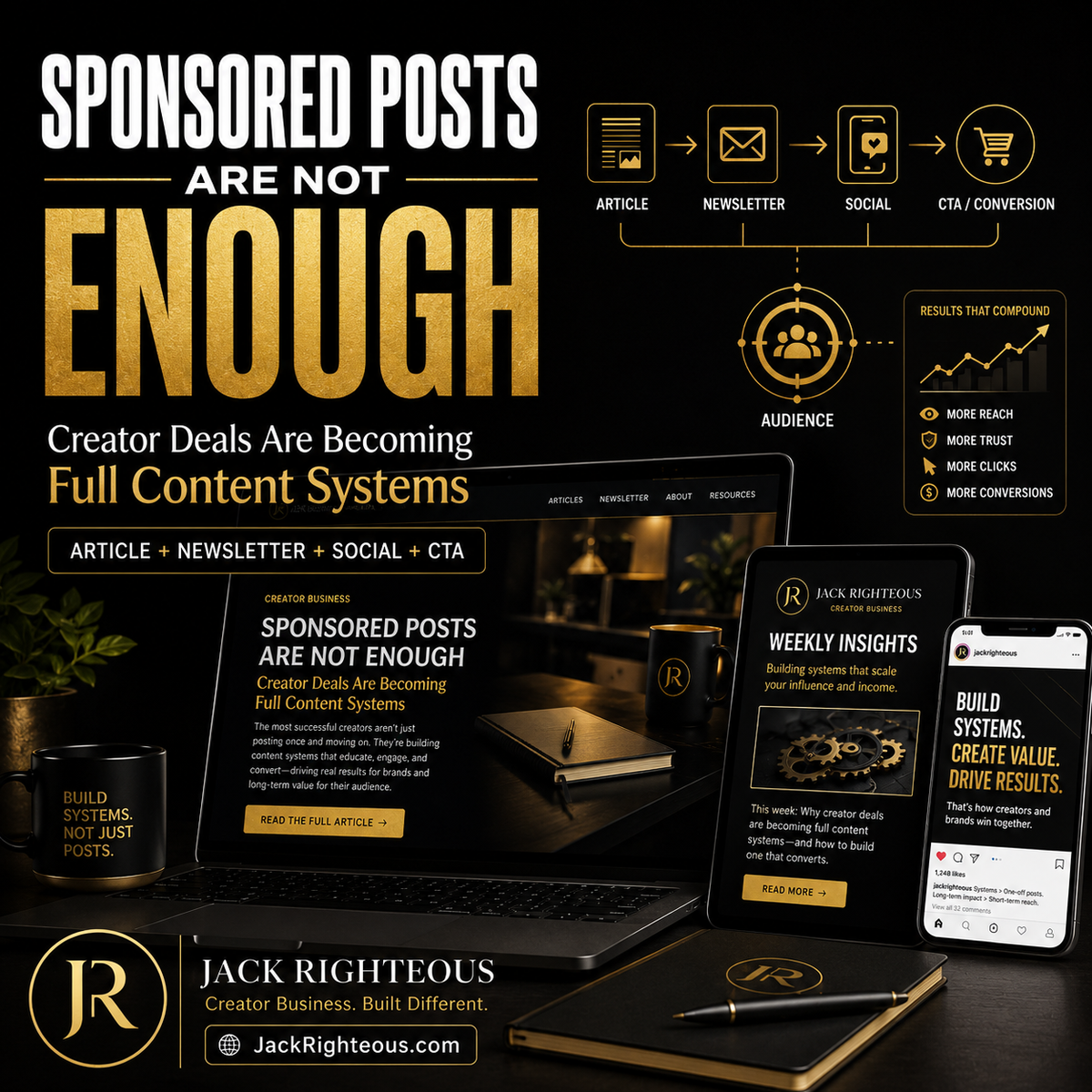 Promotional graphic for Jack Righteous with text about content systems and digital products.
