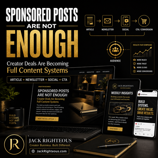 Promotional graphic for Jack Righteous with text about content systems and digital products.