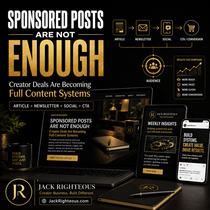 Promotional graphic for Jack Righteous with text about content systems and digital products.