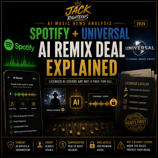 Promotional graphic about Spotify and Universal's AI remix deal with logos and text on a dark background.