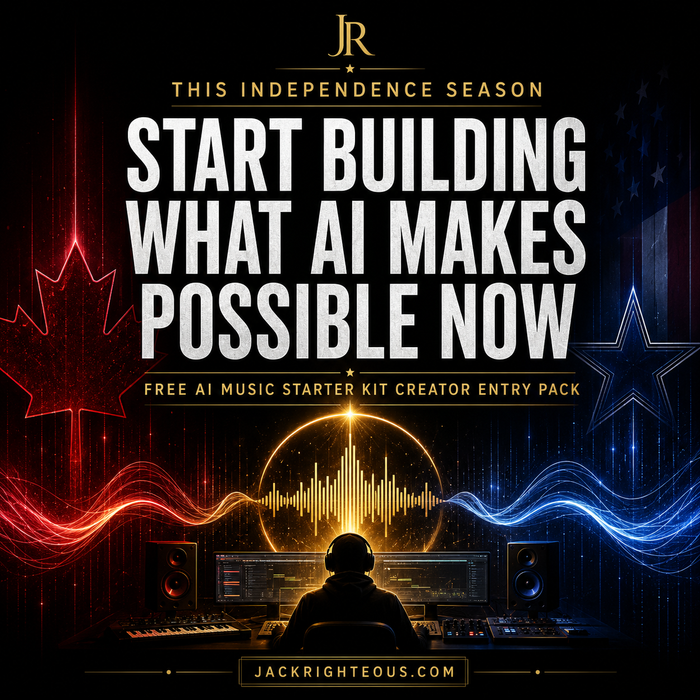 Promotional graphic with text about AI music creation, featuring a silhouette of a person at a music production console.