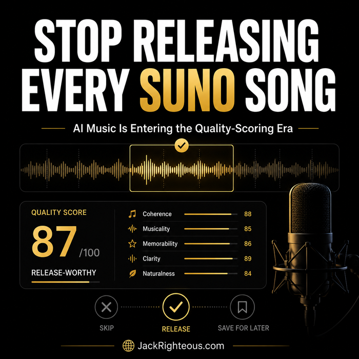 A black promotional graphic with large white and gold text reading 'STOP RELEASING EVERY SUNO SONG,' a soundwave illustration, a quality score of 87/100, a microphone, and the website JackRighteous.com at the bottom.