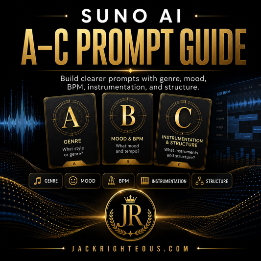 Suno AI A-C Prompt Guide with branding and design elements on a dark background