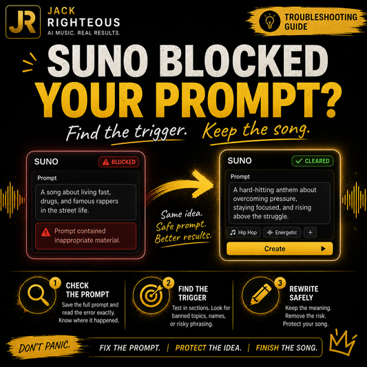 Troubleshooting guide for SUNO blocking a song prompt with a black background and yellow text.