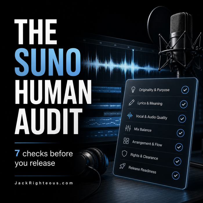 Suno Human Audit cover with studio mic, waveform, and 7-point release checklist for AI music creators