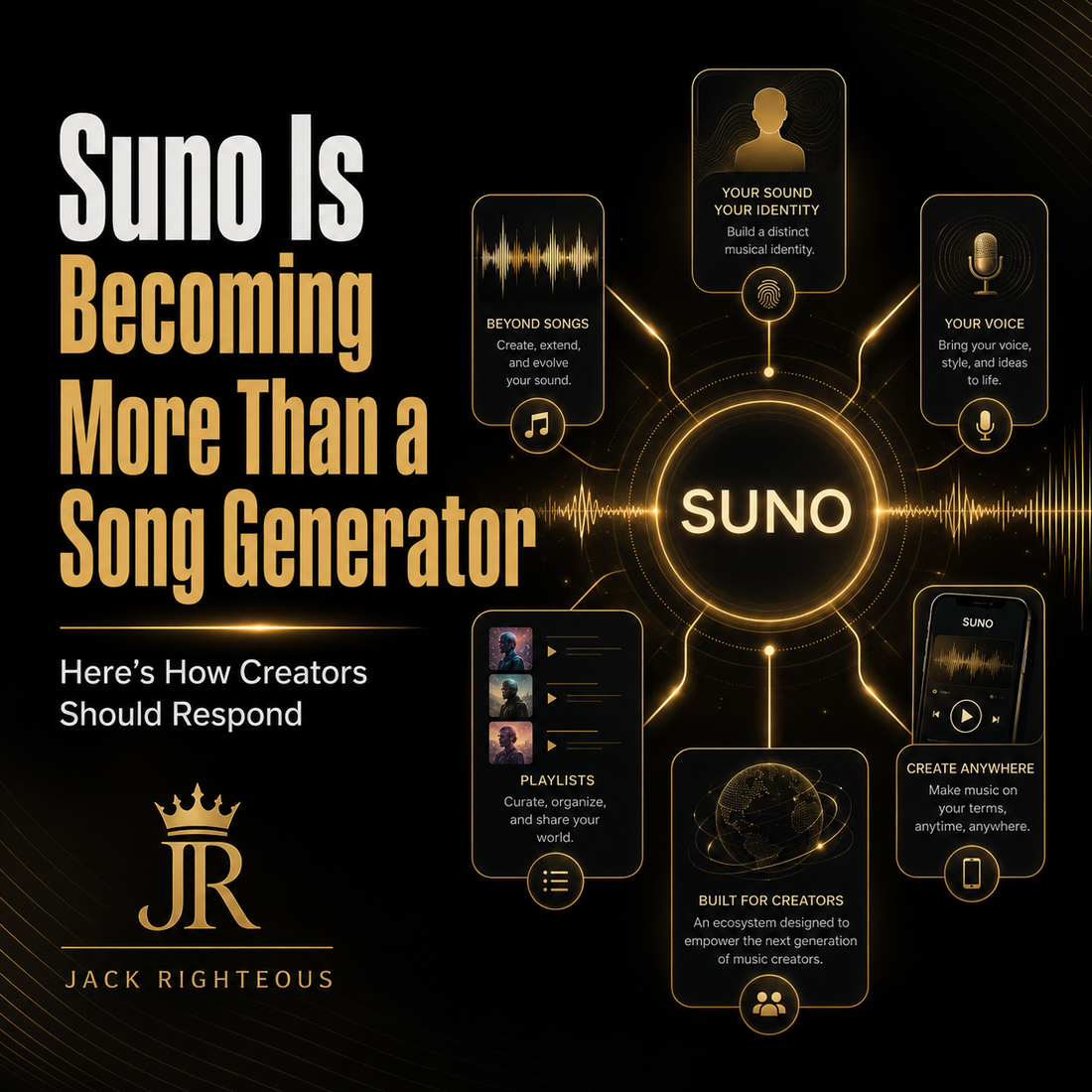 Promotional graphic for Suno, describing it as more than a song generator with features like sound identity, voice, and music creation.