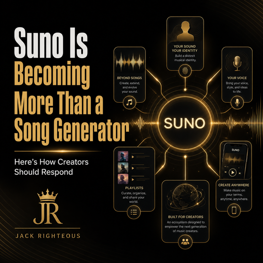 Promotional graphic for Suno, describing it as more than a song generator with features like sound identity, voice, and music creation.