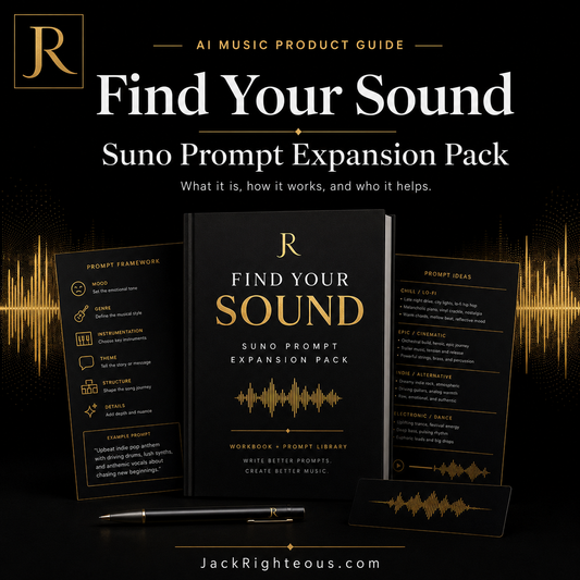 Promotional image for 'Find Your Sound' Suno Prompt Expansion Pack with branding and product details.