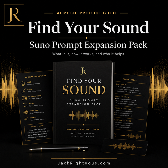 Promotional image for 'Find Your Sound' Suno Prompt Expansion Pack with branding and product details.