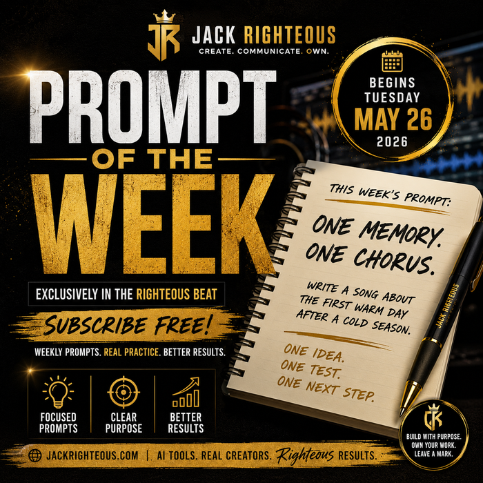 Promotional graphic for Jack Righteous' Prompt of the Week initiative with a notebook and pen.