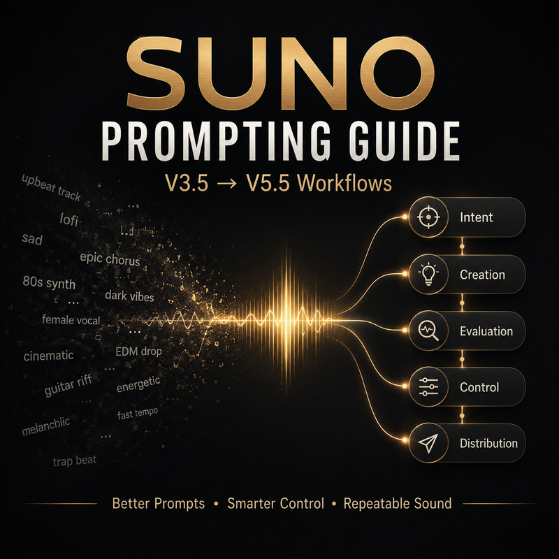 SUNO Prompting Guide V3.5 to V5.5 Workflows on a dark background with gold and white text.