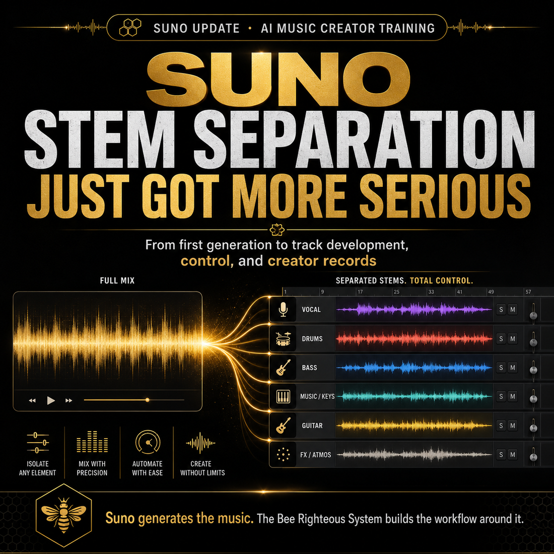 Promotional graphic for Suno STEM Separation with audio waveform and feature highlights on a dark background.