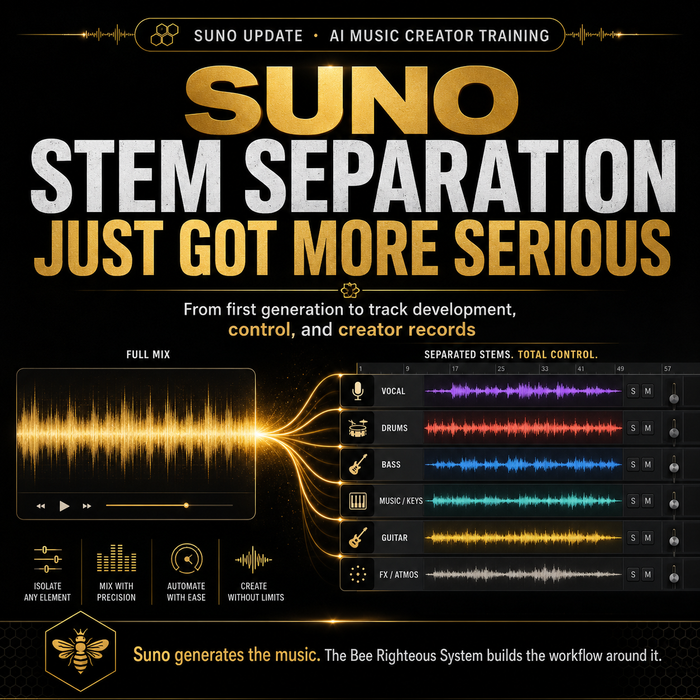 Promotional graphic for Suno STEM Separation with audio waveform and feature highlights on a dark background.