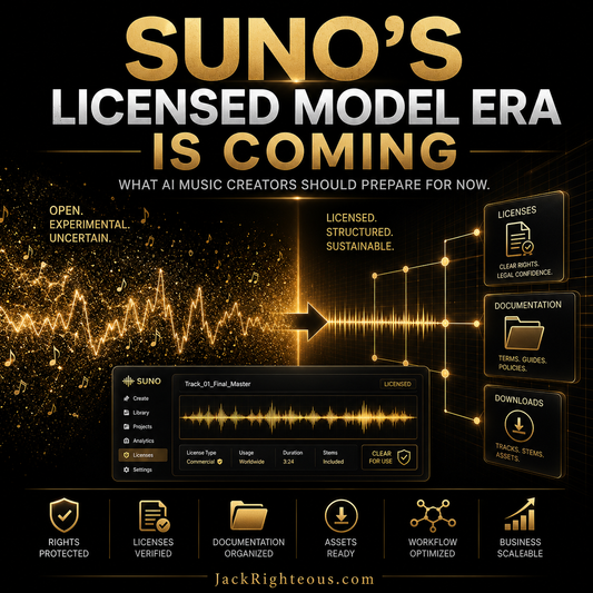 Promotional graphic for 'Suno's Licensed Model Era' with audio waveforms and icons on a dark background.