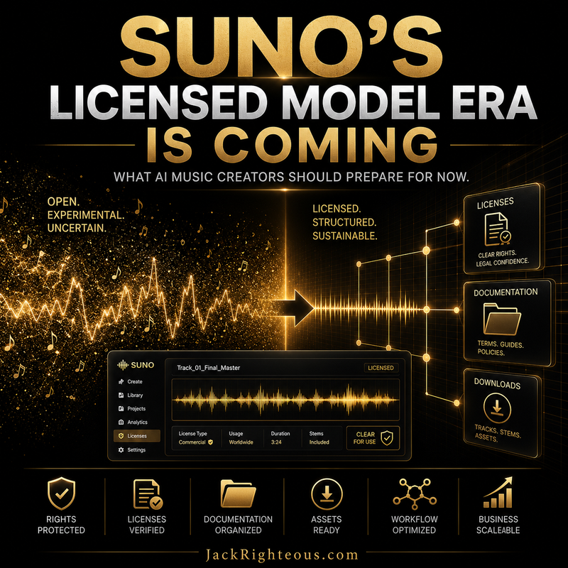 Promotional graphic for 'Suno's Licensed Model Era' with audio waveforms and icons on a dark background.