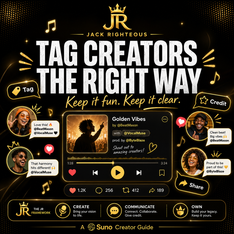 Promotional graphic for Jack Righteous' 'Tag Creators The Right Way' with music player interface and social media elements.