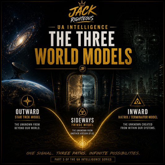 Promotional graphic for 'The Three World Models' by Jack Righteous, featuring space-themed visuals and text.