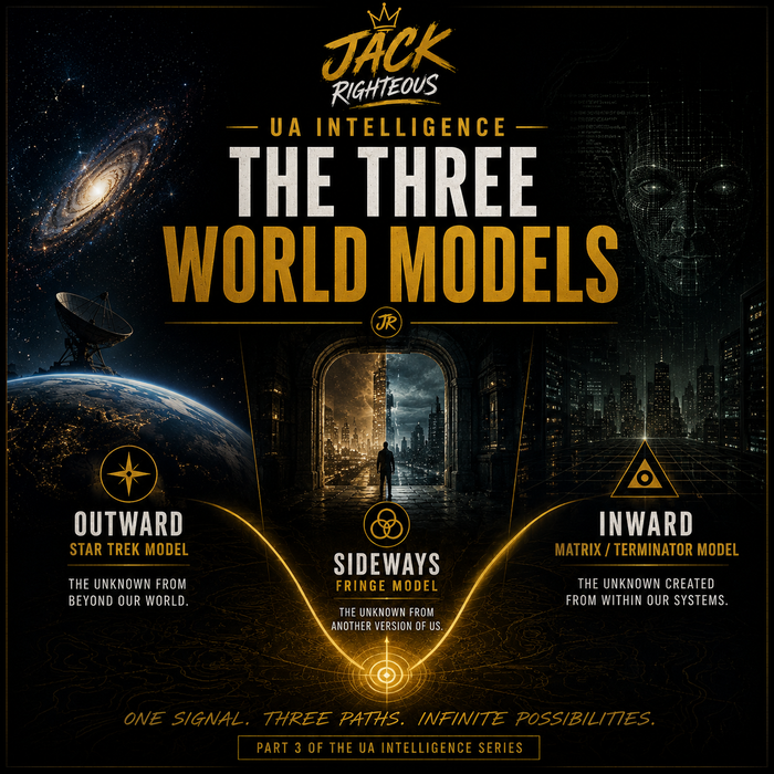 Promotional graphic for 'The Three World Models' by Jack Righteous, featuring space-themed visuals and text.