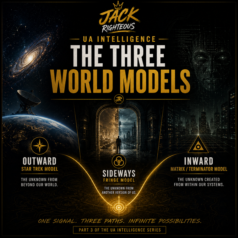 Promotional graphic for 'The Three World Models' by Jack Righteous, featuring space-themed visuals and text.