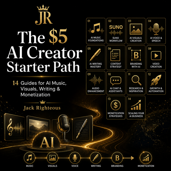 Promotional graphic for 'The $5 AI Creator Starter Path' by Jack Righteous, featuring icons and text on a dark background.