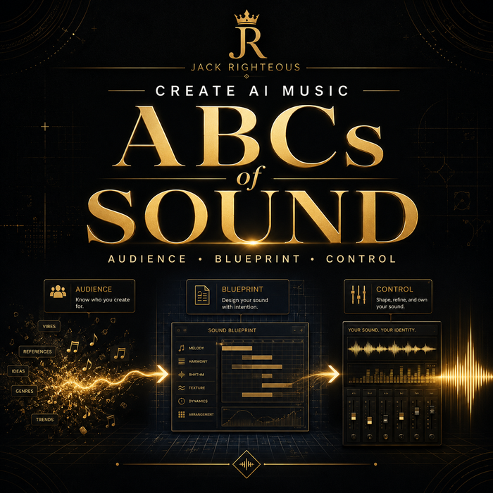 Promotional graphic for 'ABCs of Sound' by Jack Righteous with gold text on a dark background.