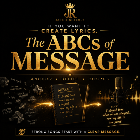 Promotional graphic for 'The ABCs of Message' by Jack Righteous with text and design elements on a dark background.