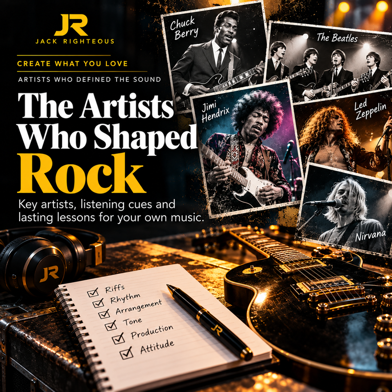 Jack Righteous rock history cover showing Chuck Berry, the Beatles, Jimi Hendrix, Led Zeppelin and Nirvana.