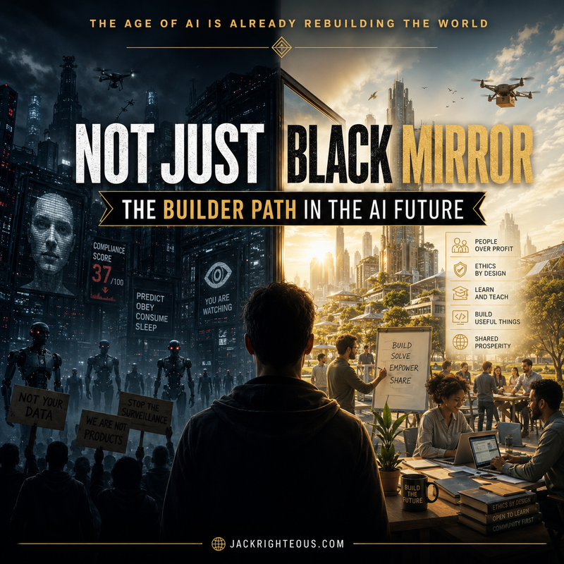 Promotional poster for 'Not Just Black Mirror' with futuristic cityscape and people at a desk.