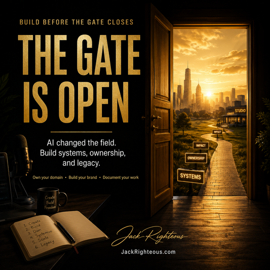 The Gate Is Open cover image for Jack Righteous article about AI creator business, ownership, systems, documentation, and legacy building