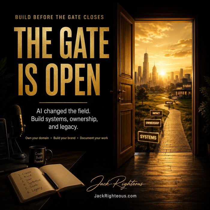The Gate Is Open cover image for Jack Righteous article about AI creator business, ownership, systems, documentation, and legacy building