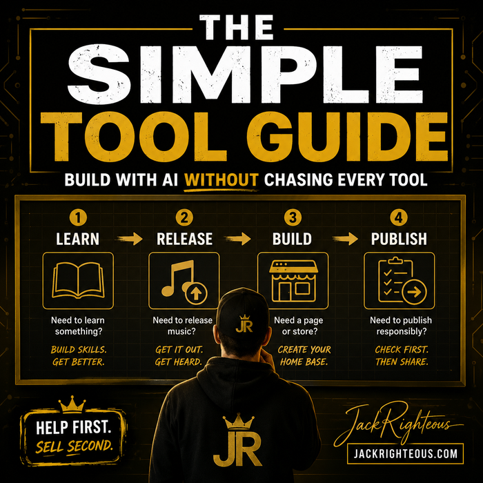 Promotional graphic for 'The Simple Tool Guide' by Jack Righteous, featuring a silhouette of a person wearing a hoodie with 'JR' logo.