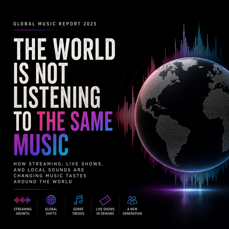 Cover of 'Global Music Report 2025' with a world map and sound wave on a black background.