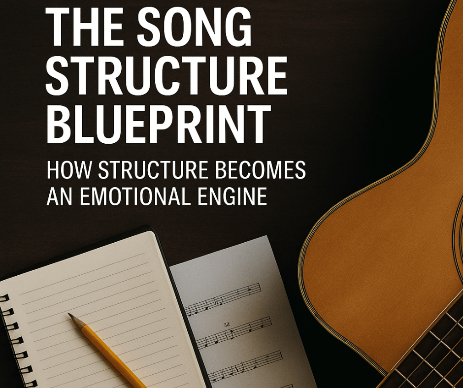 Notebook, pencil, lyric sheet, and guitar with the title “The Song Structure Blueprint” and JR branding.