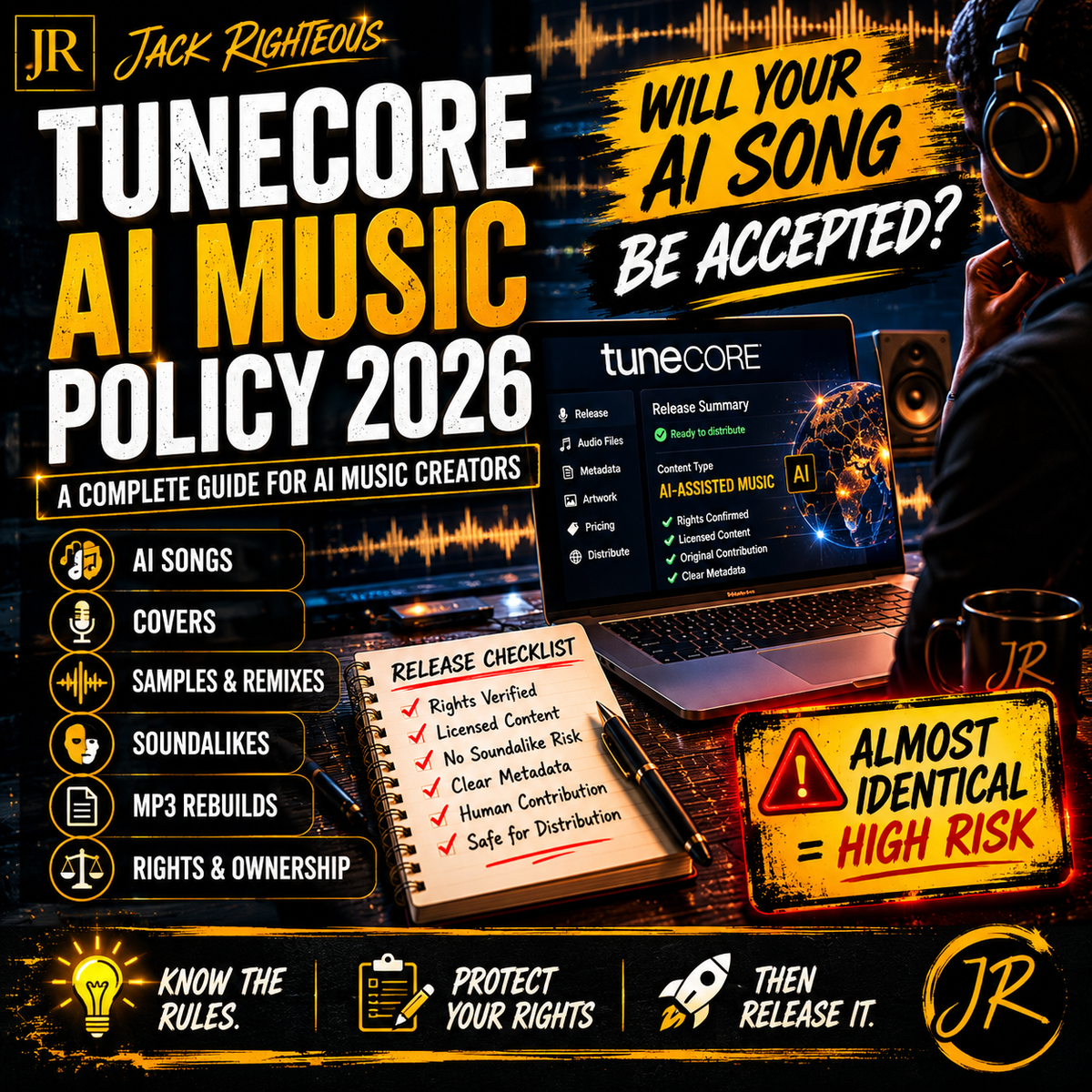 Promotional graphic for TuneCore AI Music Policy 2026 with a person working on a laptop.