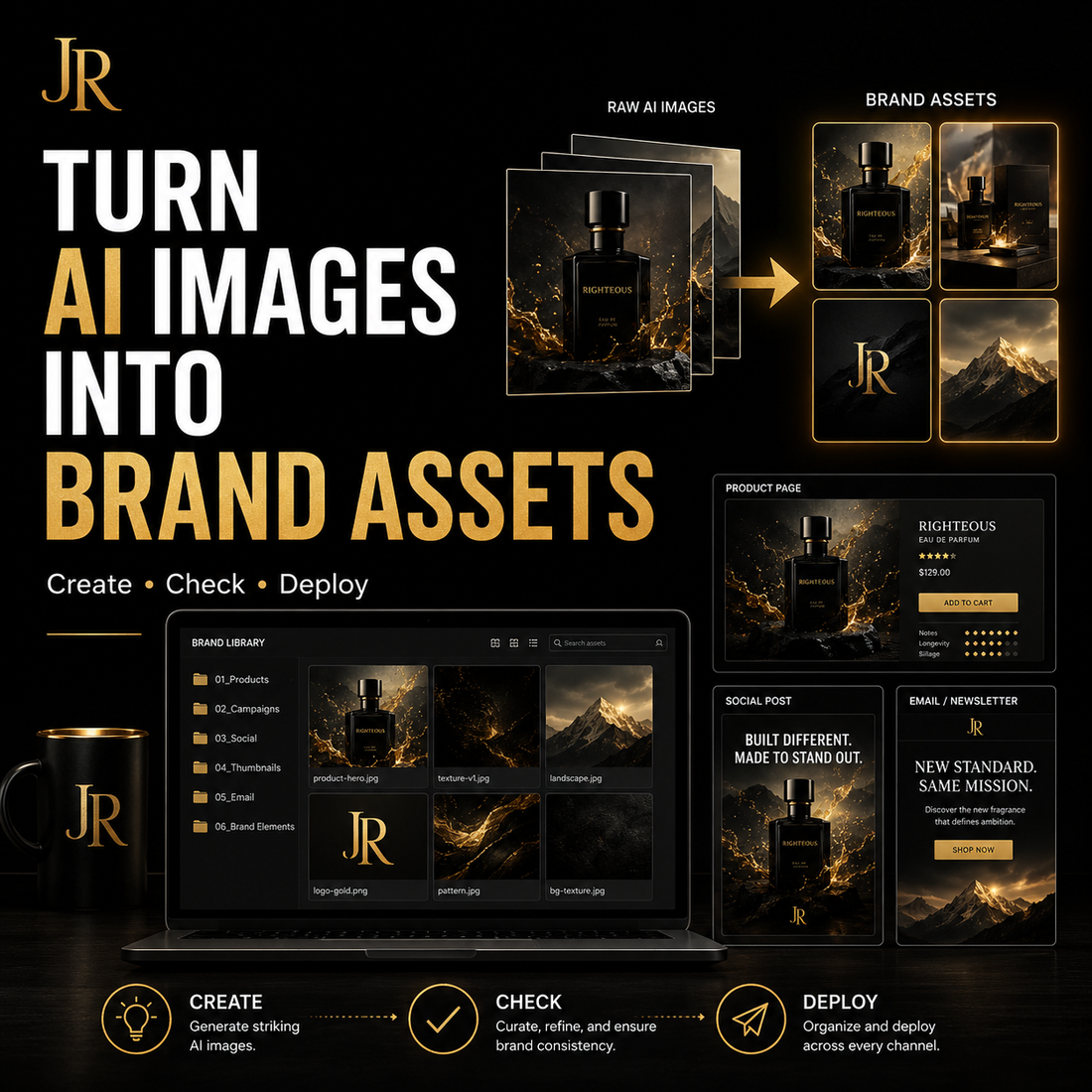 Promotional graphic for turning AI images into brand assets with JR logo and product display.