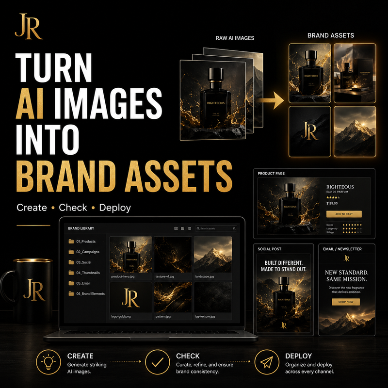 Promotional graphic for turning AI images into brand assets with JR logo and product display.
