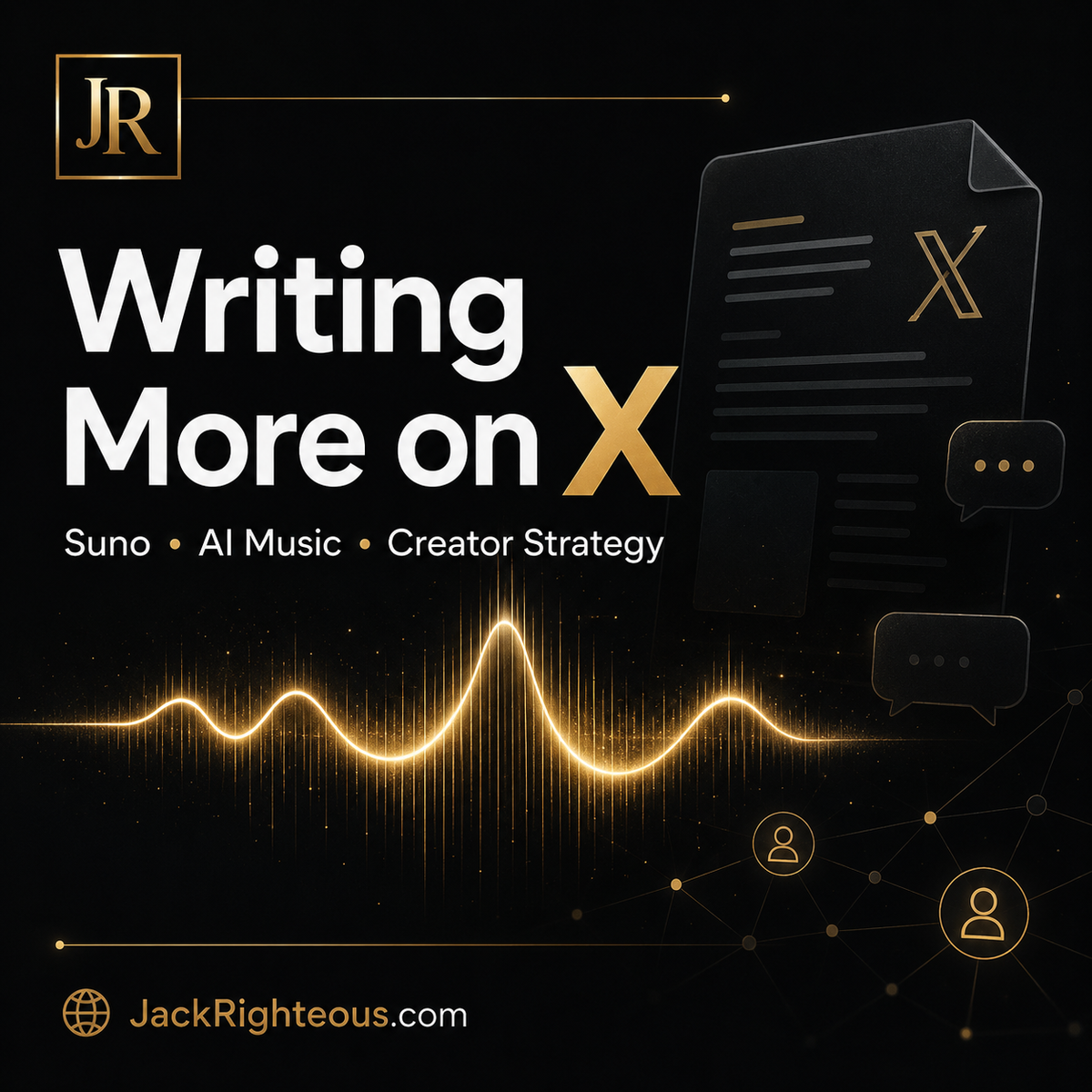 Jack Righteous branded cover image announcing a new X article series about Suno AI, AI music creator strategy, release readiness, loyalty rewards for X sharing, and the AI music industry.