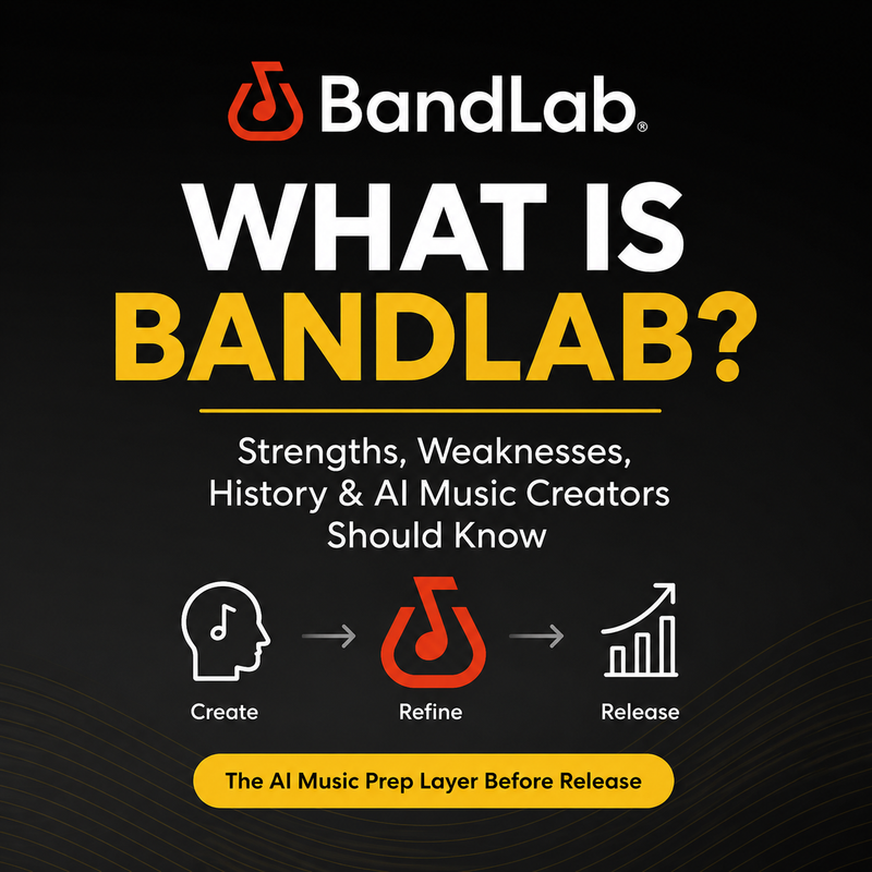 Promotional graphic about BandLab with text and icons on a black background