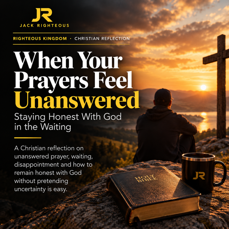 Jack Righteous Christian reflection cover showing a solitary figure, Bible and cross at sunset during a season of unanswered prayer.