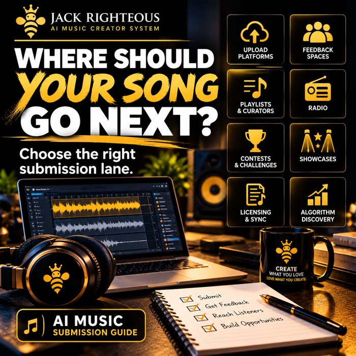 Where Can AI Music Creators Submit Their Work? Playlists, Radio, Contests, Sync & More — JackRighteous.com article cover