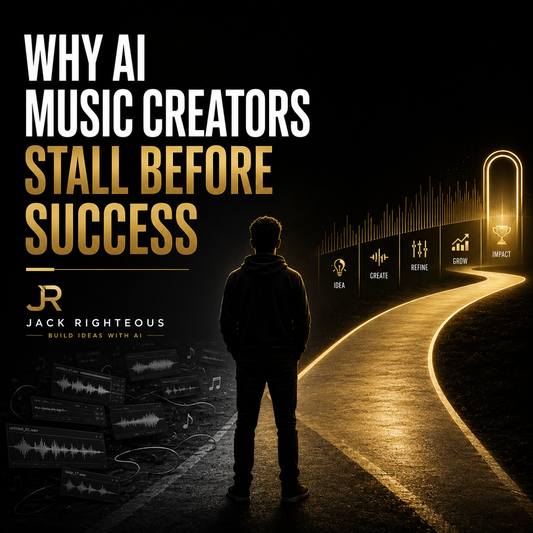 Man standing at the beginning of a path with AI music creation elements on a dark background