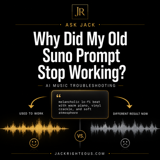 Jack Righteous Ask Jack cover showing an old Suno prompt producing different waveform results, illustrating why saved AI music prompts can stop working.
