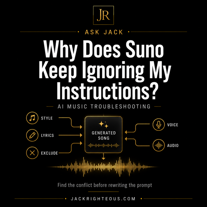 Jack Righteous Ask Jack cover showing Style, Lyrics, Exclude, Voice, and Audio instructions feeding into one generated Suno song.