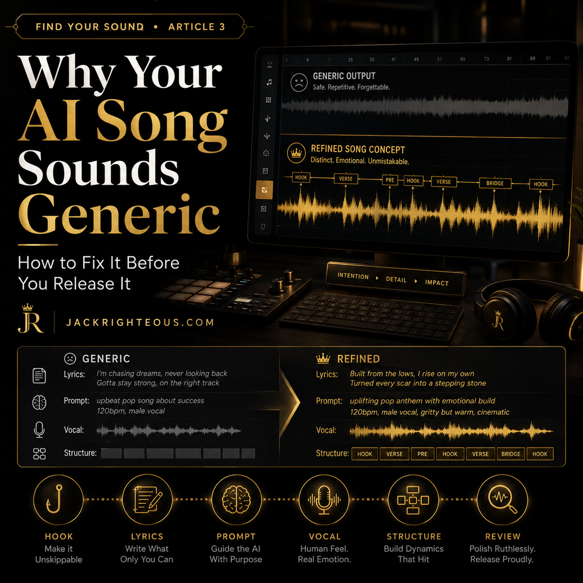 Infographic on improving AI-generated music quality with visual elements and text.