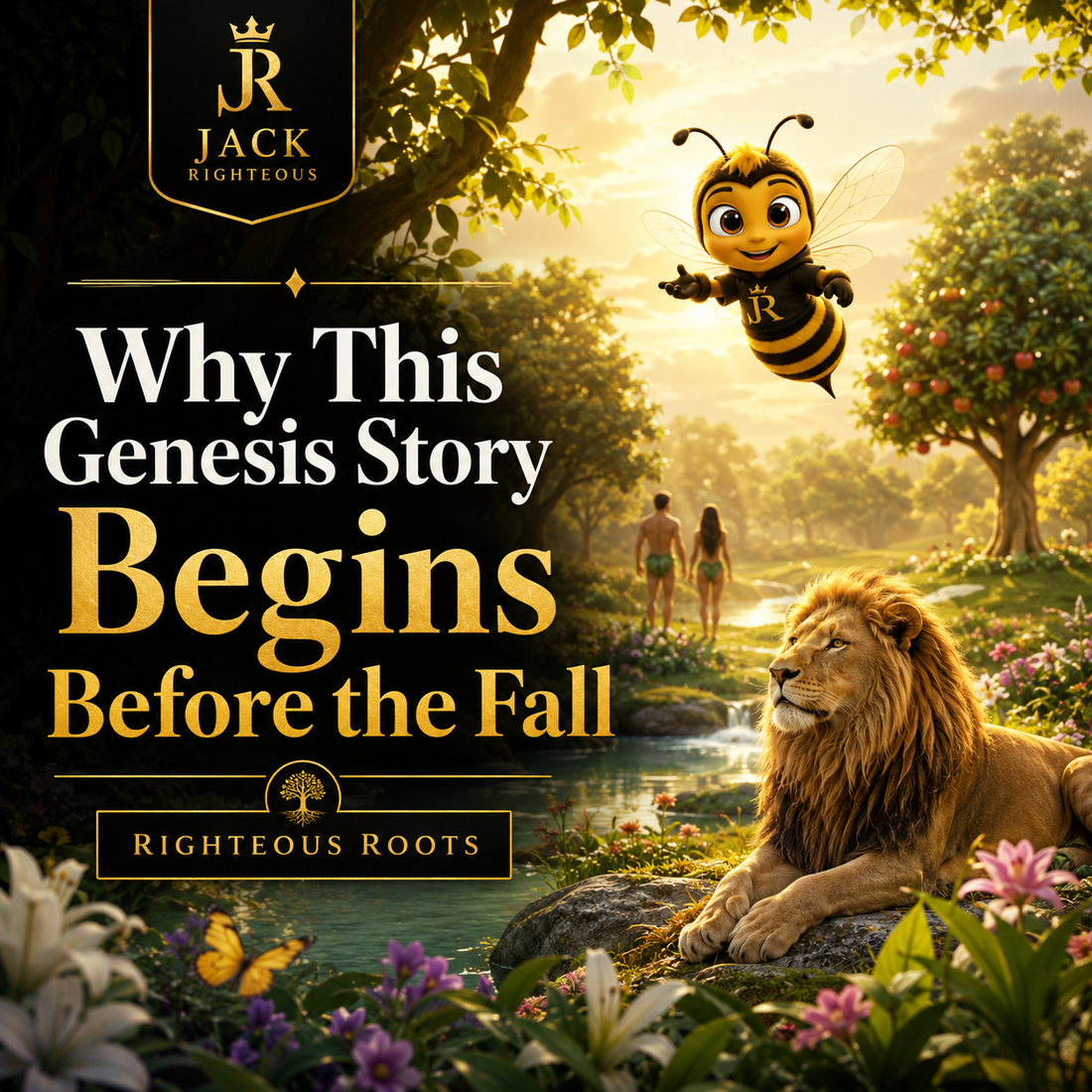 Promotional graphic for 'Why This Genesis Story Begins Before the Fall' by Jack Righetous, featuring a lion, bee, and couple in a garden setting.
