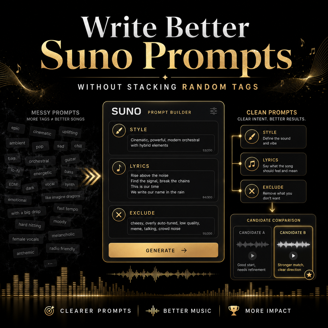 Suno Prompt Builder interface with text on a dark background