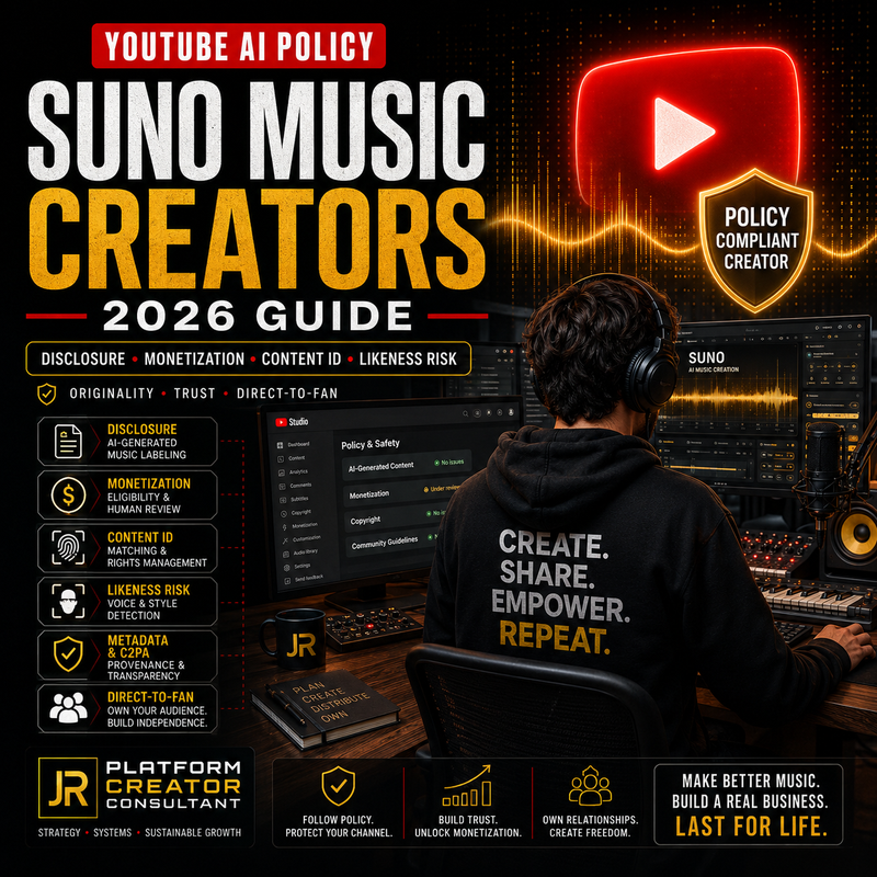 Person in a music studio with 'Suno Music Creators' 2026 Guide and YouTube AI Policy text.