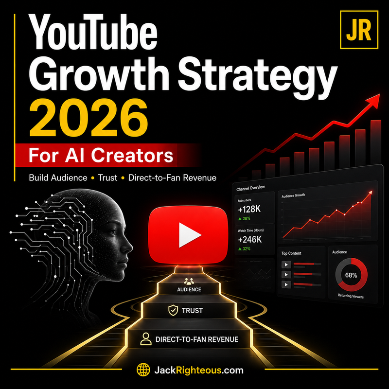 Book cover of 'YouTube Growth Strategy 2026 for AI Creators' by Jack Righteous with graphics and text on a dark background.