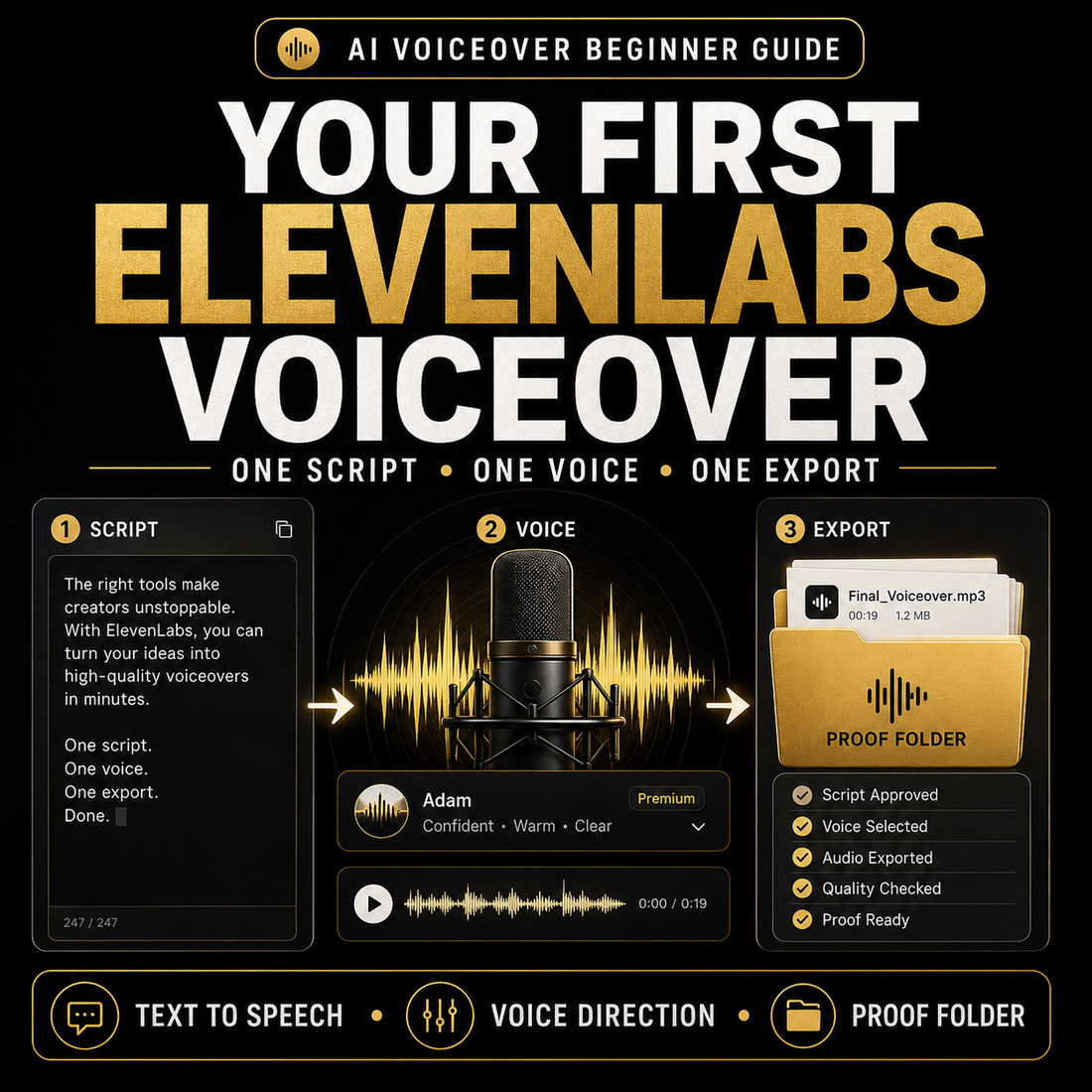 Promotional graphic for ElevenLabs voiceover service with microphone and audio elements on a black background.